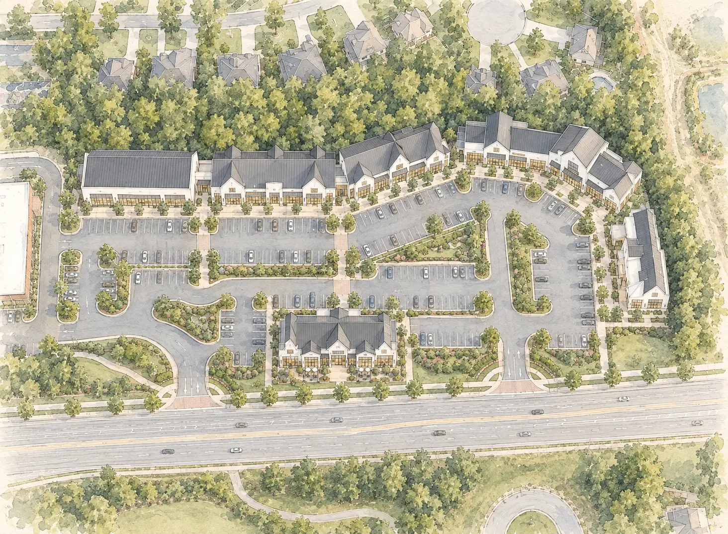 Watercolor site plan of the planned Peachtree Village retail development