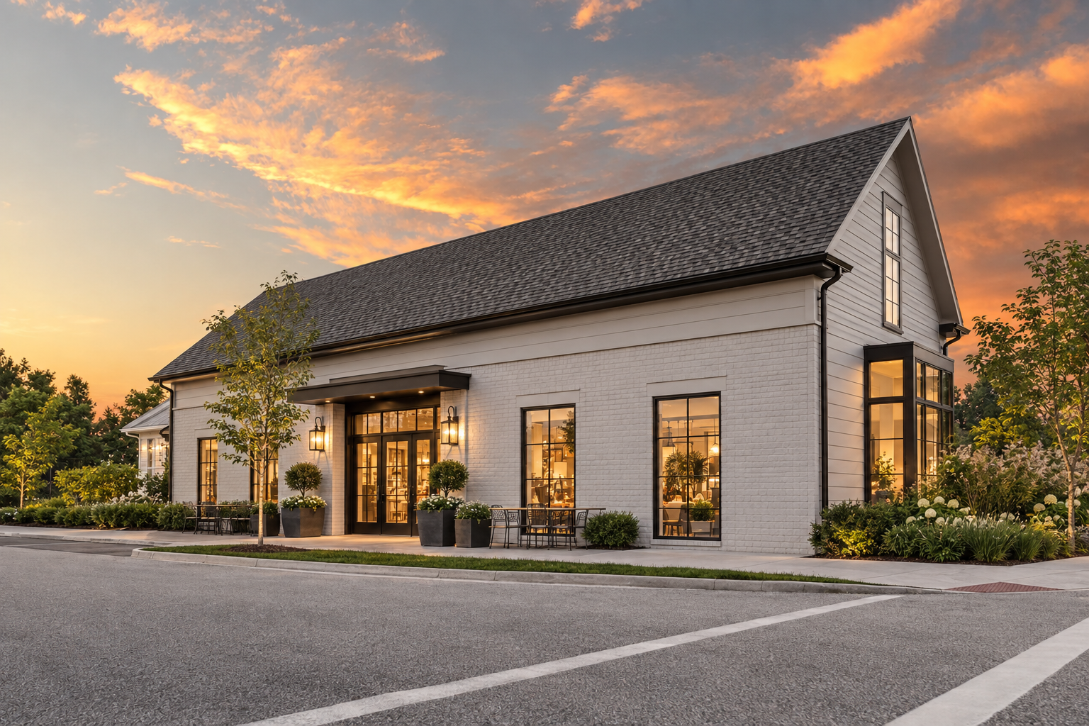 Rendering of Peachtree Village Market Hall at sunset